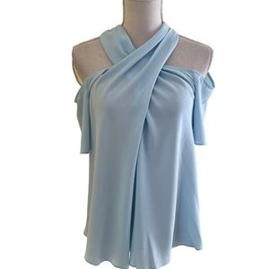 1. State "High Tide Collection" Cross Neck Cold Shoulder Blouse in Light Blue